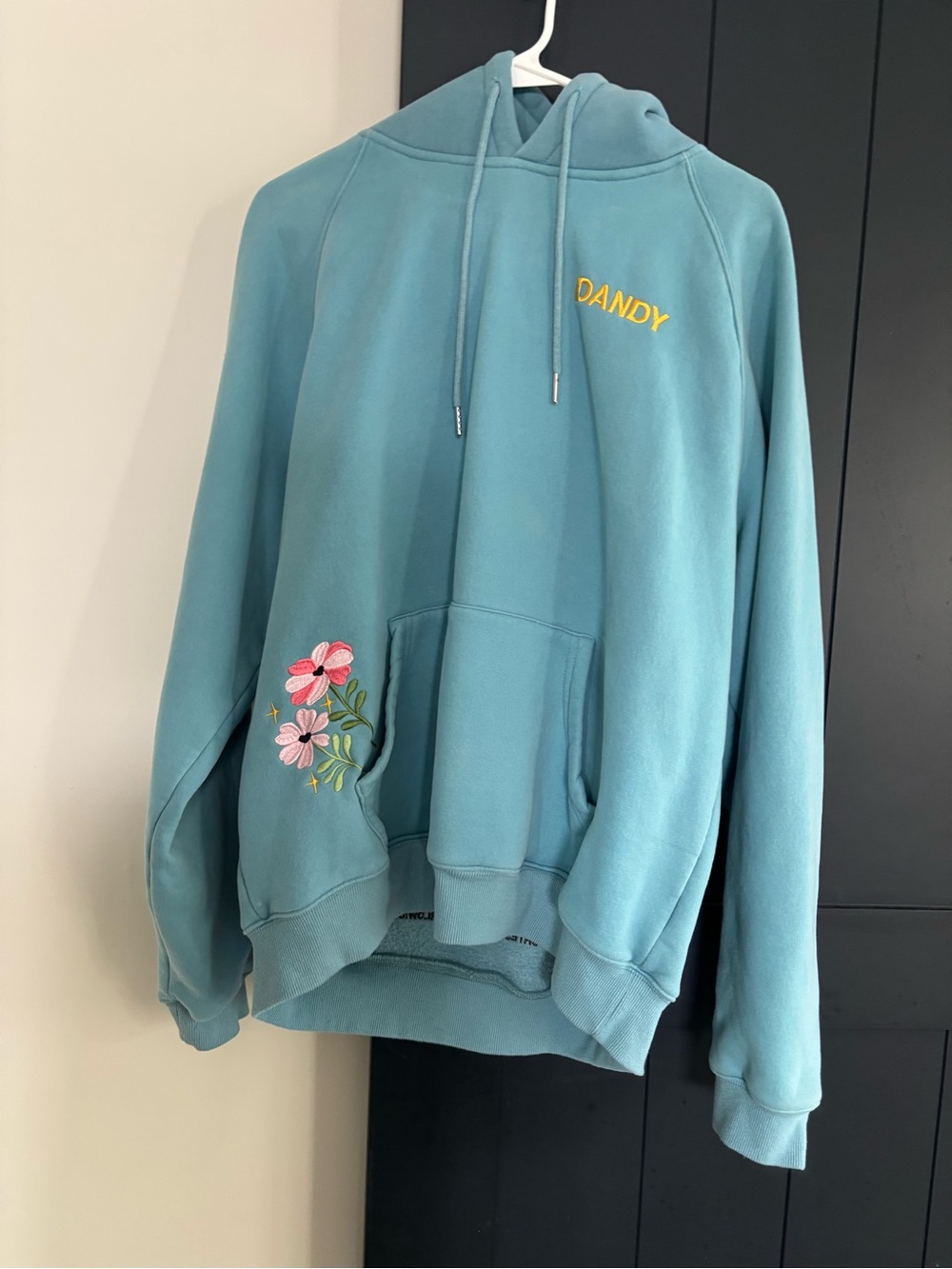 Teal Hoodie with Embroidered Floral Accent size medium